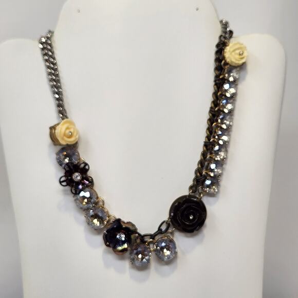 LOFT Flower Rhinestone Multi Tone Statement Chain Necklace Adjustable Chunky - Picture 1 of 8